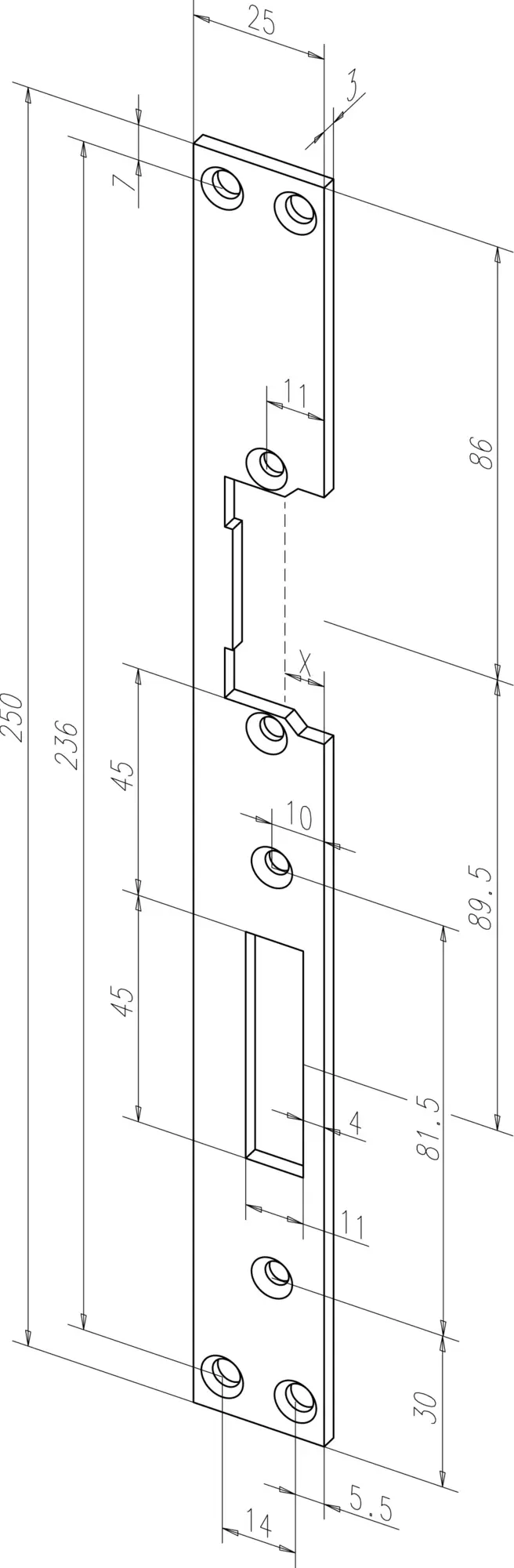 Assa Abloy Flachschließblech 250x25x3mm, für Modell 875, DIN Rechts, Edelstahl, 29635-05