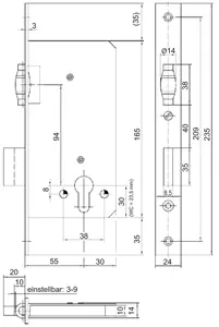KFV Pendeltürschloss 486 PZ, 55 mm, Stulp 20x235 mm, DIN links/rechts, rund, altsilber, mit