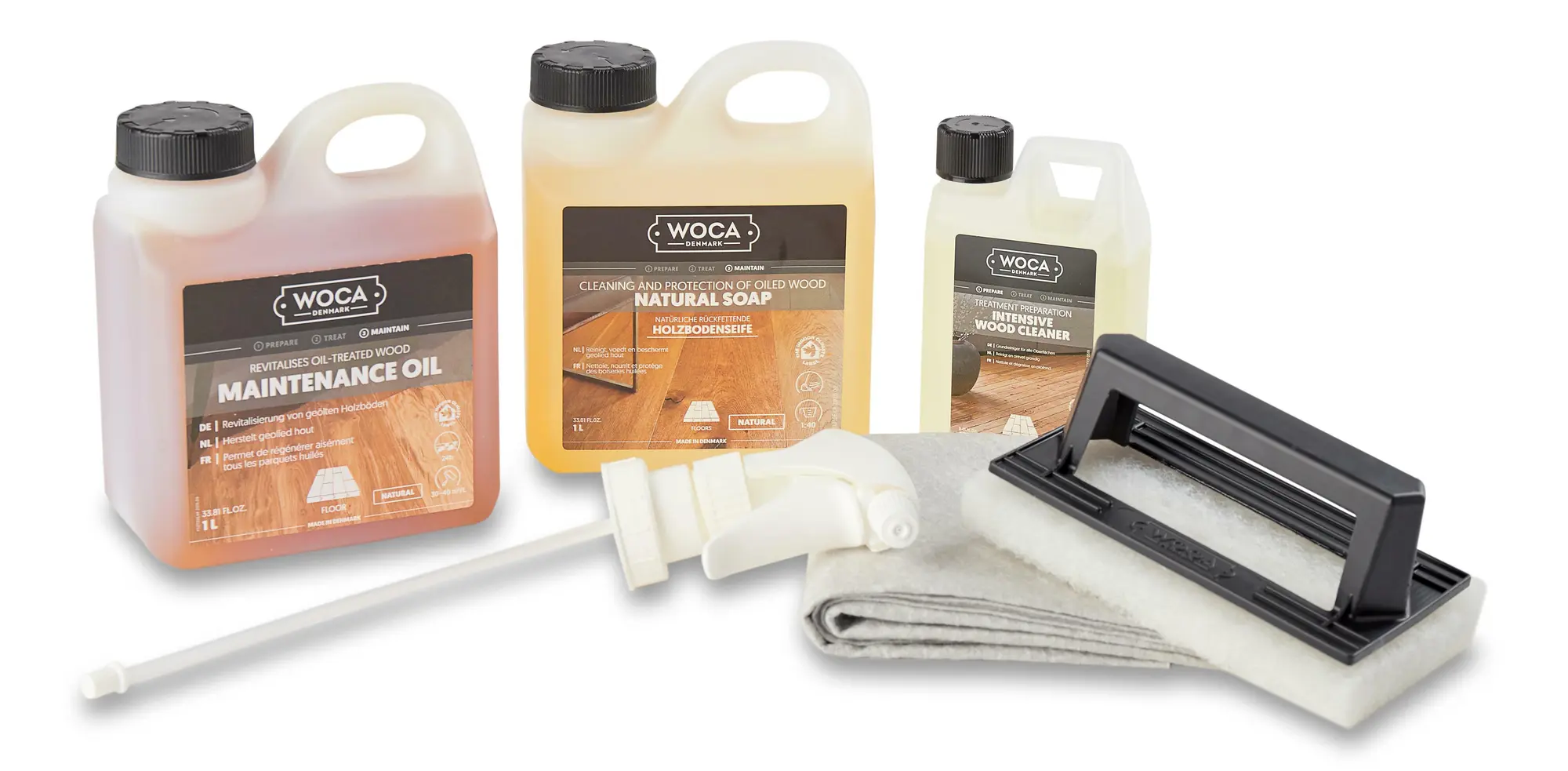 WOCA Pflegebox mit Pflegeöl(Clean and care kit) für die Reinigung + Pflege geölter Holzoberflächen,