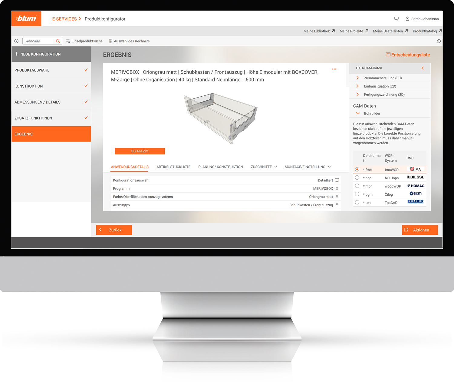 Blum Schnittstelle Screenshot Vielfältiges Planungsergebnis