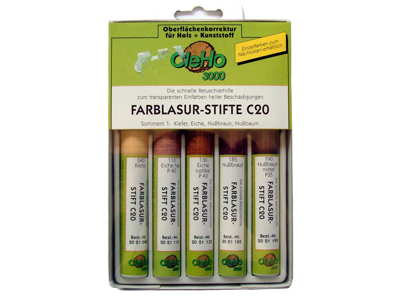 Cleho Farblasur-Stift C20 Sortiment 2, 5x6ml CLE Kirschbaum, Buche, Erle, Birnbaum, Mahagoni,