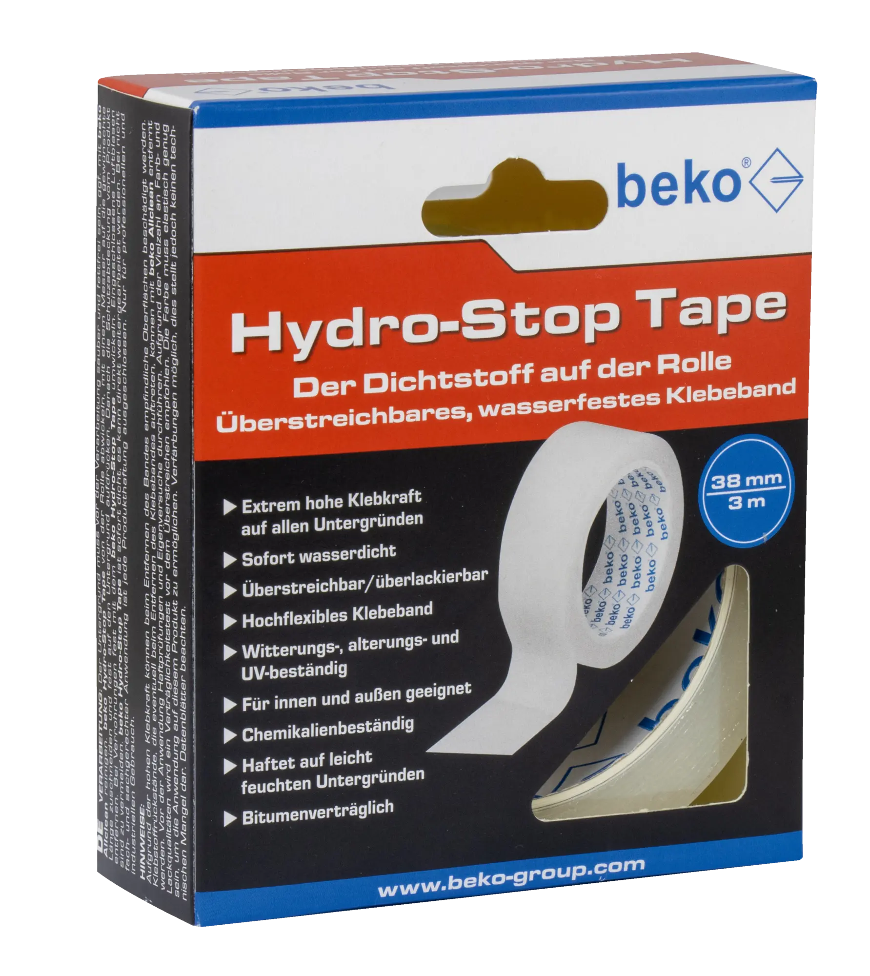 Beko Hydro-Stop Tape, 38 mm x 3 m Überstreichbares, wasserfestes Klebeband, VPE: 32 Rollen,