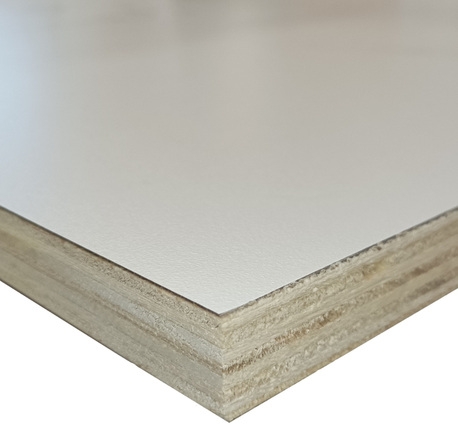 Pappelfurniersperrholz, interior verleimt, beids. mit HPL weiß 0,6mm Feinperl belegt H010Q
