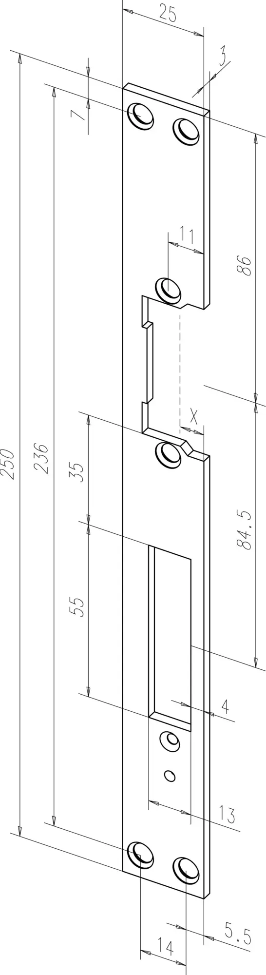 Assa Abloy Flachschließblech 250x25x3mm, käntig, DIN Links/Rechts verwendbar, Edelstahl, 00235-01