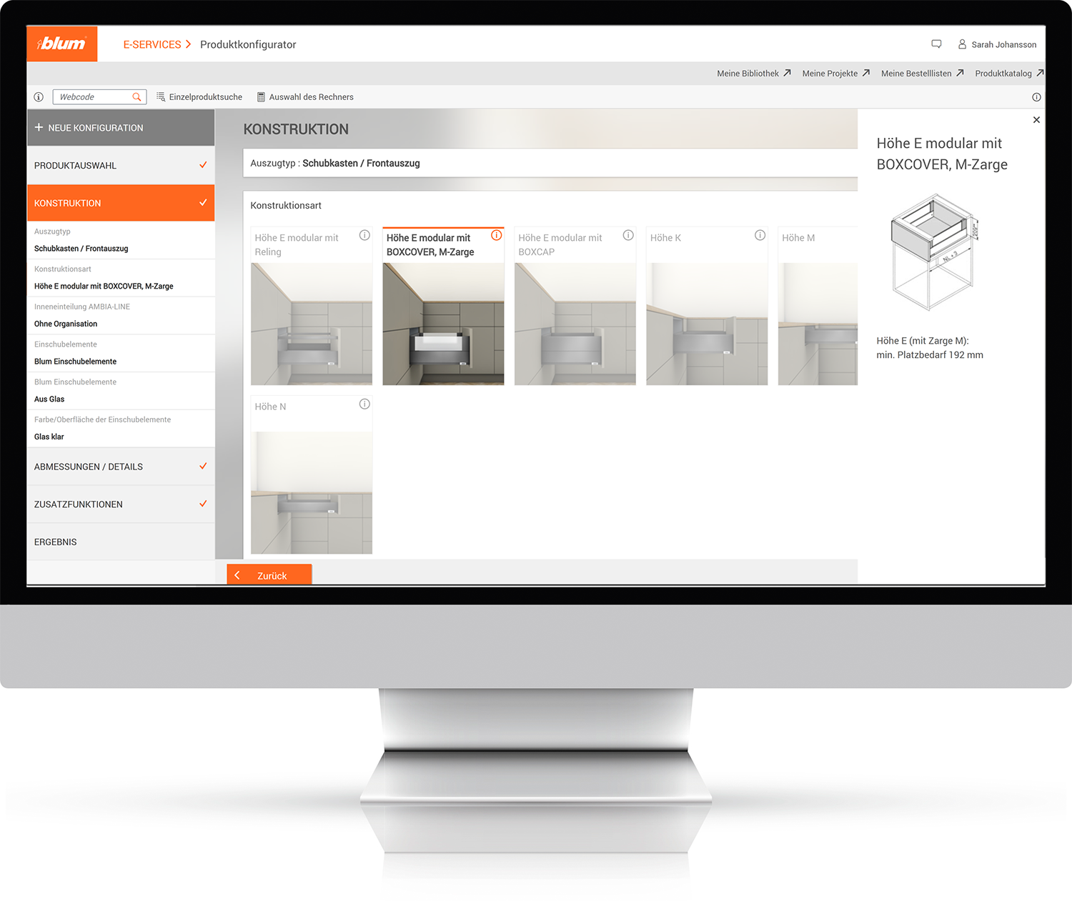 Blum Schnittstelle Screenshot Produktauswahl