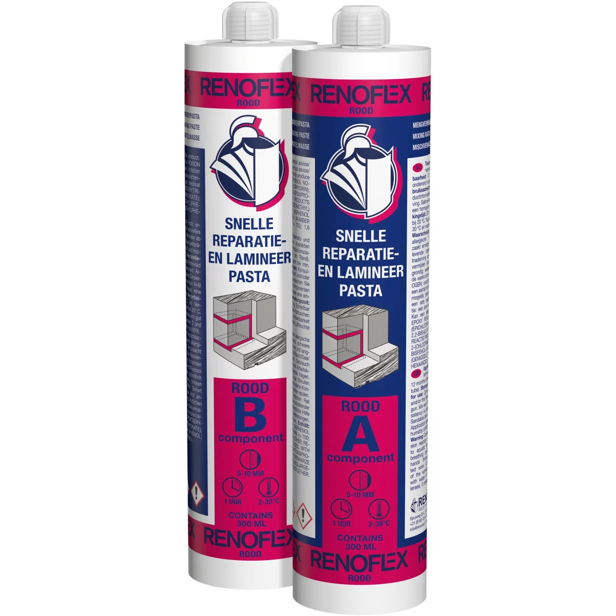 RENOFLEX Rot Holzreparaturmasse Aushärtezeit 1 Std. bei 20°C, 600ml Inhalt 2x300ml