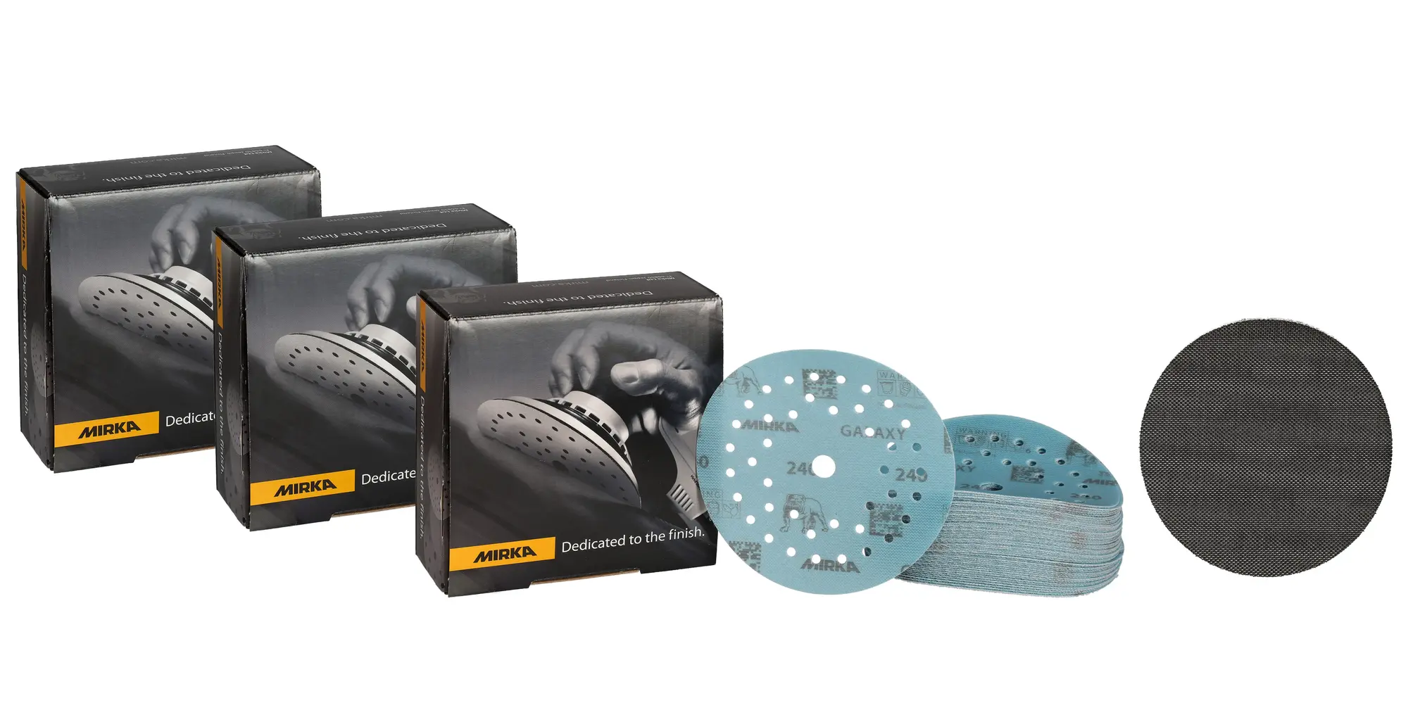 Mirka Galaxy – Kennenlern-Set KIT-Inhalt: Ø 150 mm Multifit Grip, 1 VE 50 Stk., P240, P320, P400,