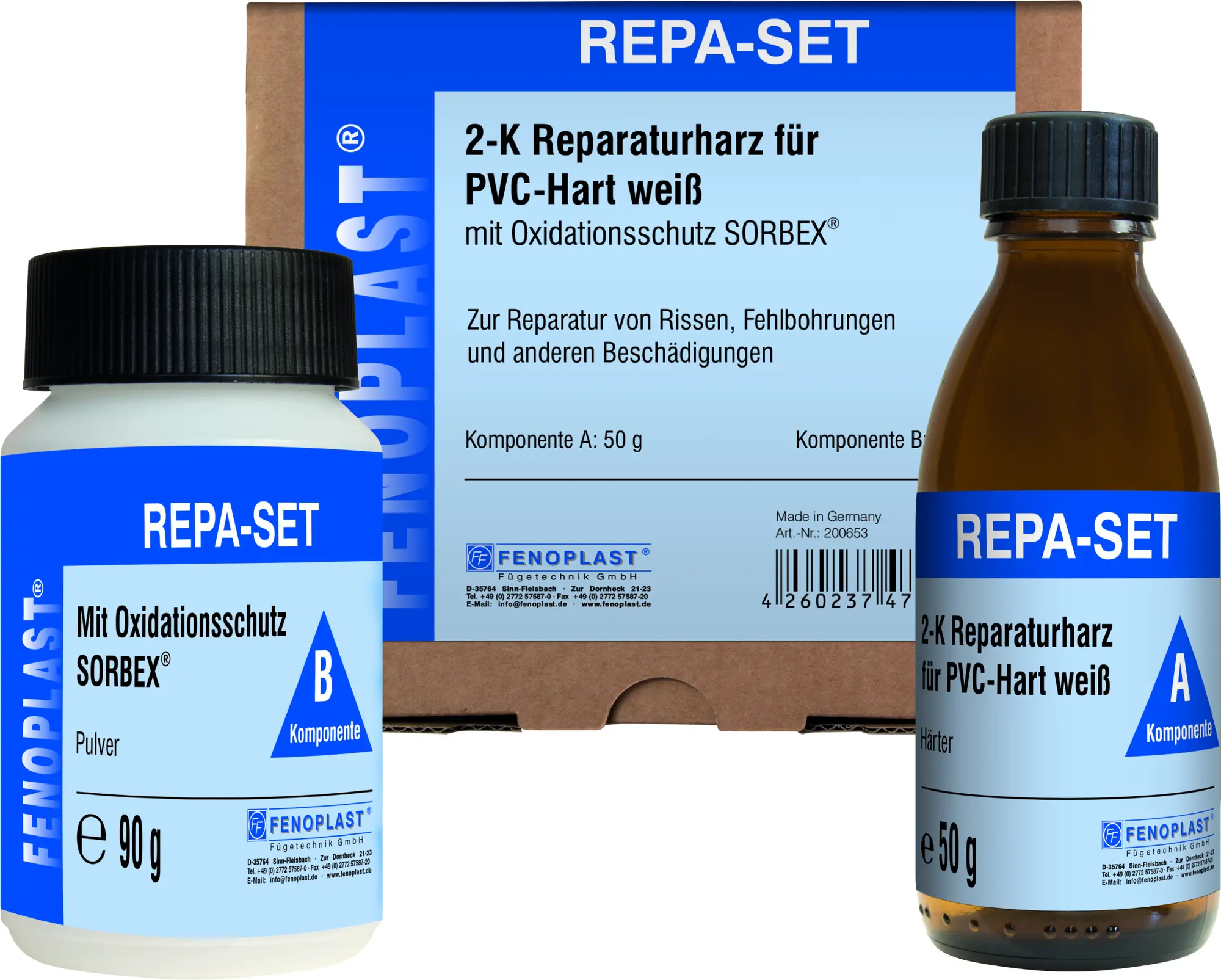 Fenoplast Reparaturset System RAL 9016, Spezial Reparaturharz für PVC-hart, weiß