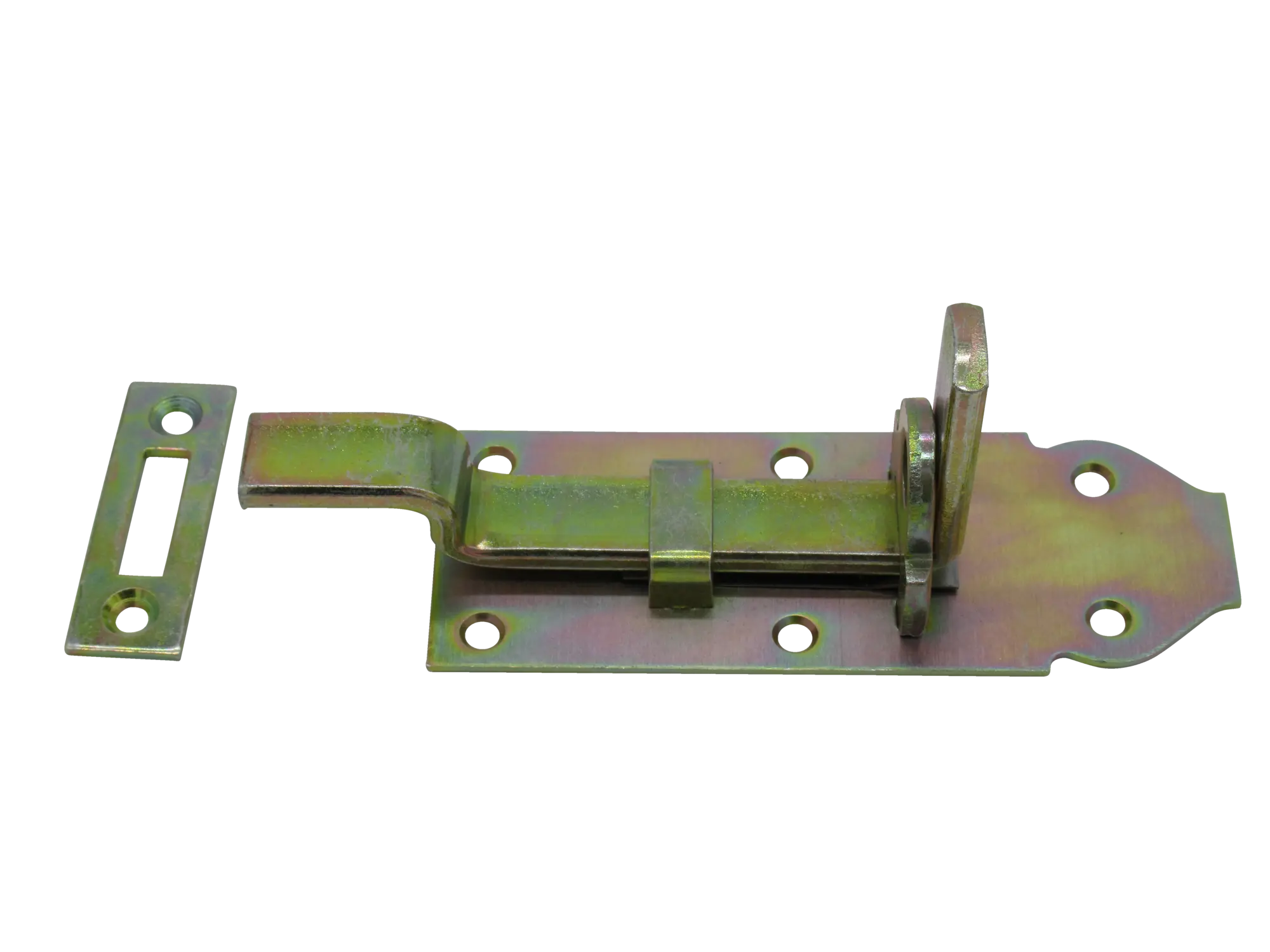 Strenger Schloss-Türriegel 003 (Schubriegel), gekröpft, 140x52mm, Hub 41mm,mit Schließblech,